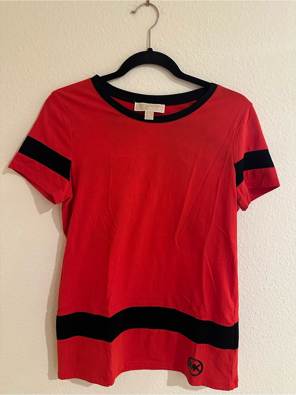 Michael Kors Red Short-Sleeve Crewneck Top with Black Bands